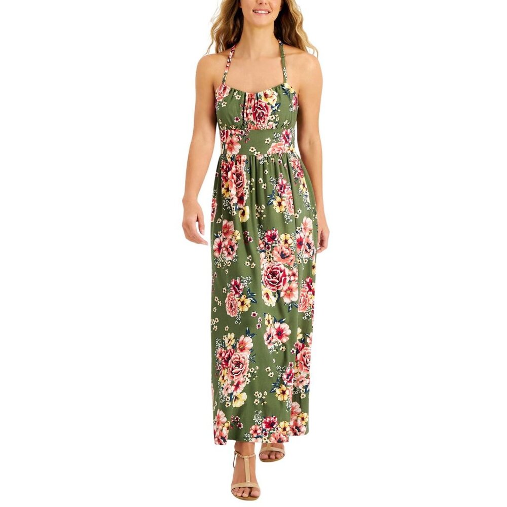 NWT Jamie & Layla Womens Petite Floral-Print Empire Maxi Dress Green Multi PL